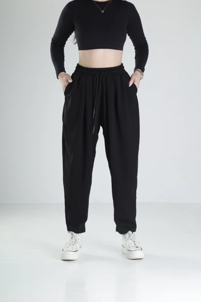 Pileli Siyah Jogger Pantolon COC2094 ürün görseli 1