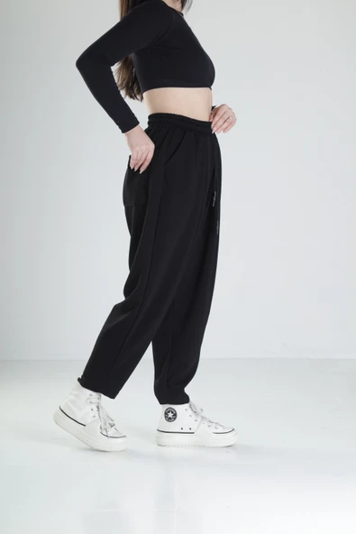 Pileli Siyah Jogger Pantolon COC2094 - Resim 2