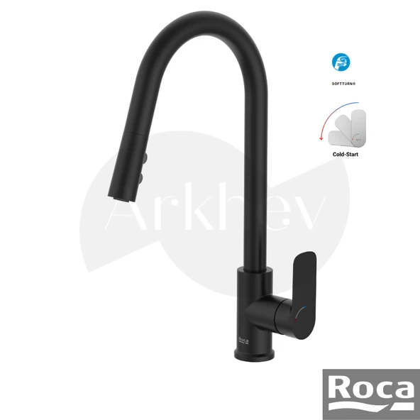 Roca Cala Pull Down Spiralli Eviye/Mutfak Bataryası - Mat Siyah / Fonksiyonlu Elcik / Cold Start A5A816ENB0 ürün görseli 1
