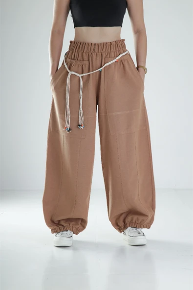 Tasarım Keten Kahverengi Baggy Pantolon COC1108 ürün görseli 1