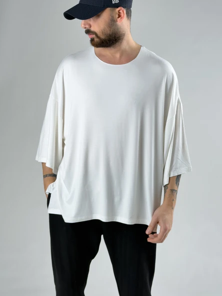 Fakir Kol Beyaz Oversize Viscon T-Shirt COC2269 ürün görseli 1