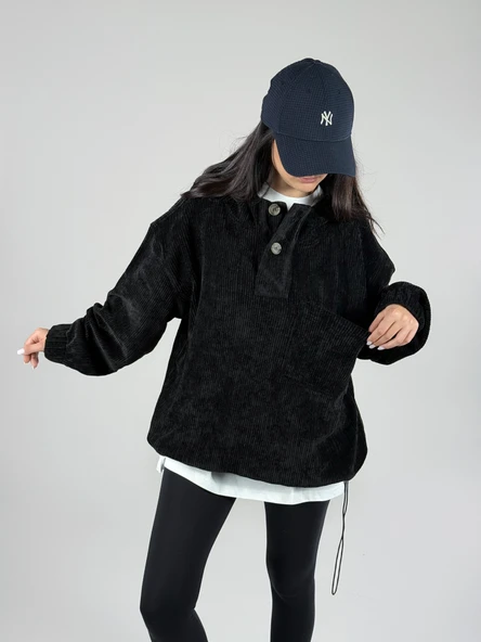 Kadife Dokulu Siyah Oversize Kapüşonlu Kadın Sweatshirt COC1186 ürün görseli 1