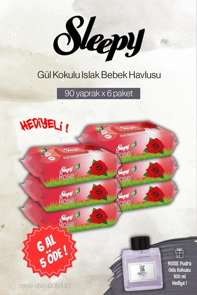 6 AL 5 ÖDE Sleepy 90'lı Gül Kokulu Bebek Islak Havlu, Rosie Pudra Oda Kokusu ürün görseli 1