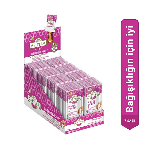 Apitera ZEN Doğal Bal, C Vitamini, Çinko, Selenyum, Zencefil, Tarçın, Karanfil, Karabiber, Limon ve Propolis İçeren Takviye Edici 56lı Saşe ürün görseli 1