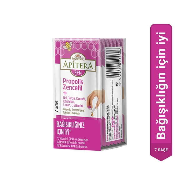 Apitera ZEN Doğal Bal, C Vitamini, Çinko, Selenyum, Zencefil, Tarçın, Karanfil, Karabiber, Limon ve Propolis İçeren Takviye Edici 7’li Saşe ürün görseli 1