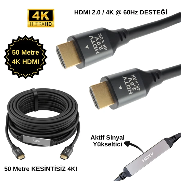 GABBLE 50 Metre HDMI 2.0 4K 60Hz Aktif Sinyal Yükseltici Kablo | Altın Uçlu Ultra Uzun Mesafe ürün görseli 1