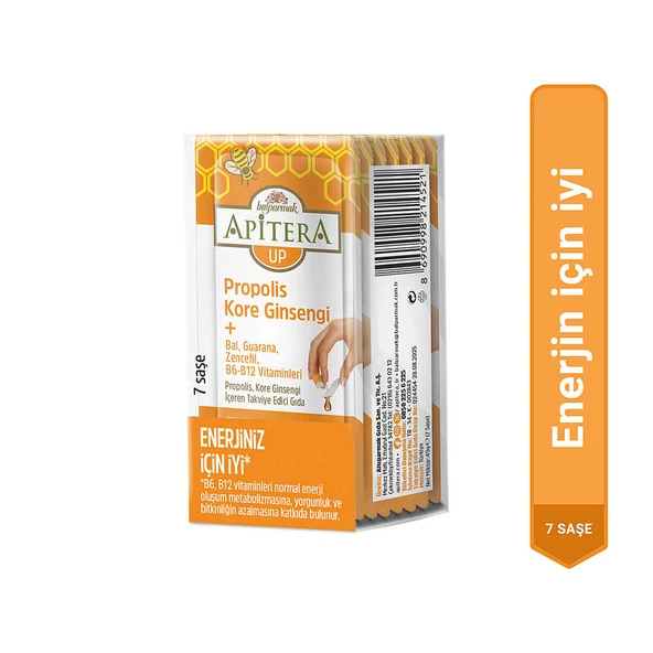 Apitera UP Doğal Bal, B Vitaminleri, Kırmızı Ginseng, Guarana ve Propolis İçeren Takviye Edici 7’li Saşe ürün görseli 1