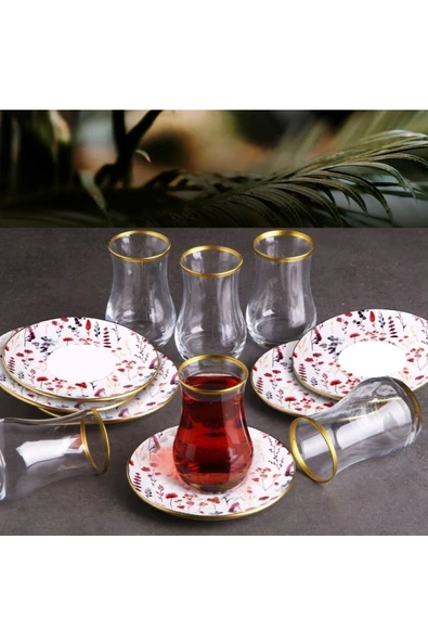 Pinkev 6 Kişilik Seramik Tabaklı Çay Bardağı Seti - Çok Renkli ürün görseli 1