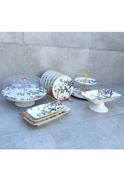 Pinkev 13 Parça 6 Kişilik Kuş Desenli Seramik Pasta Sunum Tabak Seti ürün görseli 1