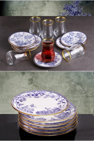 Pinkev Butterfly 18 Parça Çay Bardaklı Seramik Pasta Tabağı Seti - Kup119s ürün görseli 1