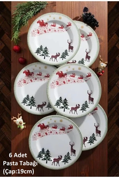 Pinkev 6 Kişilik Porselen 19cm Yılbaşı Desenli Pasta Tatlı Tabağı Tabak Seti ürün görseli 1