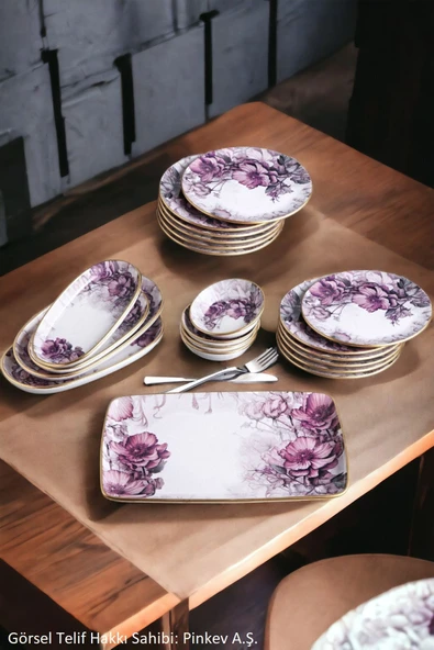Pinkev Petunia 21 Parça 12 Kişilik Seramik Kahvaltı Pasta Tabağı Takımı - Kup124p ürün görseli 1