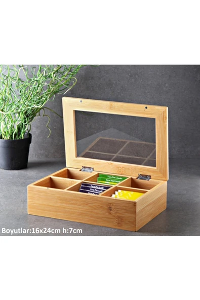 Pinkev 6 Bölmeli Bambu Poşet Çay Kutusu 16x24cm ürün görseli 1