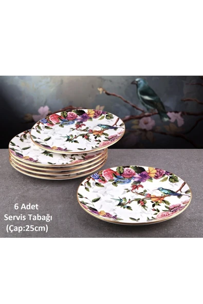 Pinkev Flora 6 Kişilik 25cm Seramik Servis Sunum Tabağı Seti ürün görseli 1