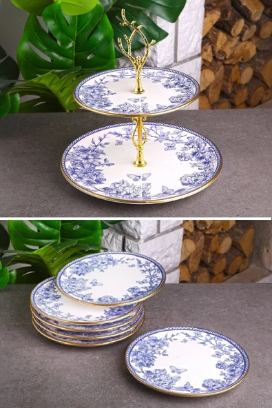 Pinkev Butterfly 7 Parça Seramik Pasta Tabağı Katlı Kurabiyelik Sunum Seti - Kup121s ürün görseli 1