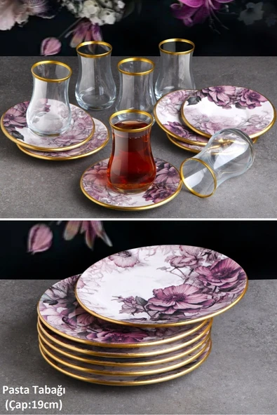Pinkev Petunia 18 Parça Çay Bardaklı Seramik Pasta Tabağı Seti - Kup119p ürün görseli 1