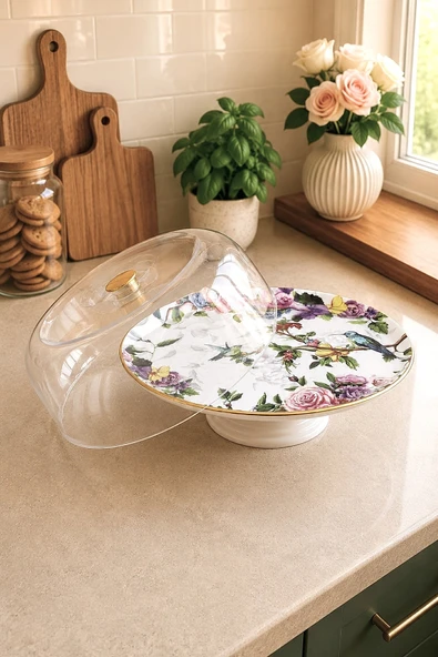 Pinkev Flora Ayaklı Seramik Kek Fanusu Pasta Sunum Tabağı Standı ürün görseli 1