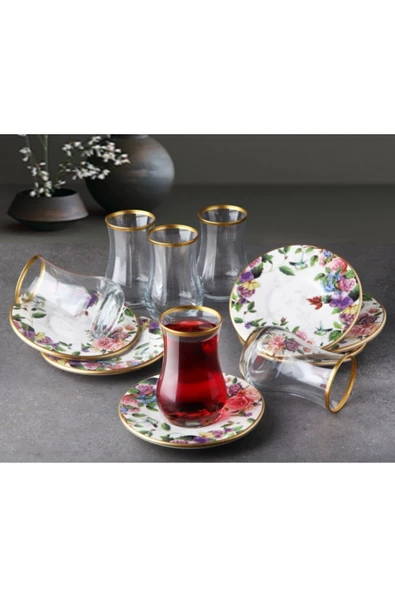 Pinkev Flora 6 Kişilik Seramik Tabaklı Çay Bardağı Takımı Seti ürün görseli 1