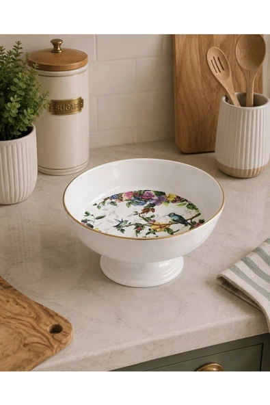 Pinkev Flora Seramik Ayaklı Meyvelik Salata Kasesi Sunum Tabağı - 23,5cm ürün görseli 1