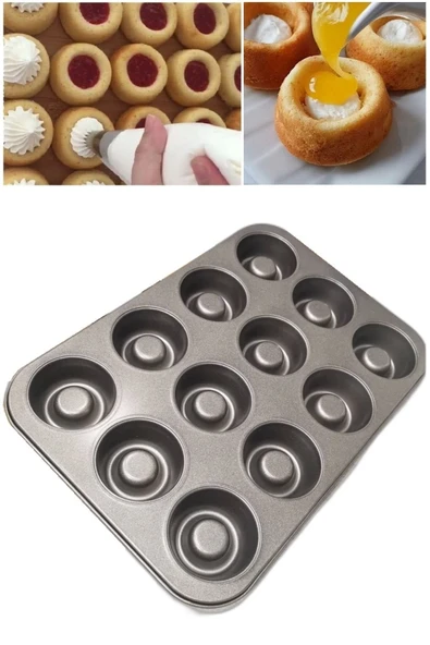 Pinkev 12 Bölmeli Yapışmaz Teflon Kaplama Çelik Muffin Kekstra Kek Kalıbı ürün görseli 1