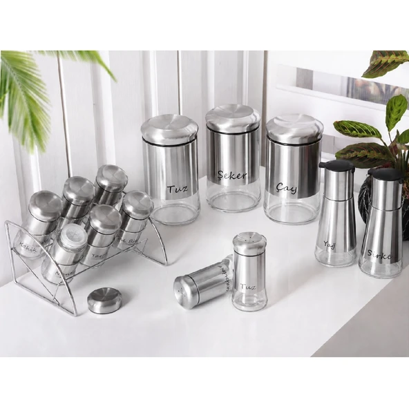 Pinkev 13 Parça Cam Baharatlık Baharat Takımı Seti - Inox ürün görseli 1