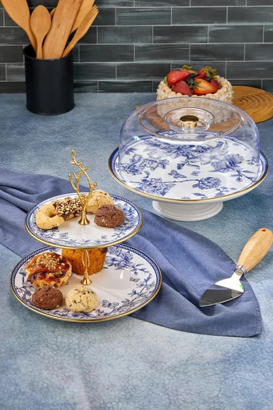 Pinkev Butterfly 2li Set Seramik Kek Fanusu Katlı Kurabiyelik Pasta Sunum Tabağı ürün görseli 1