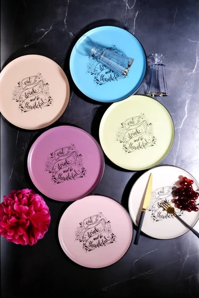 Pinkev 6 Kişilik Seramik 22cm Çok Renkli Pasta Tabağı Takımı Seti - Nordıç ürün görseli 1