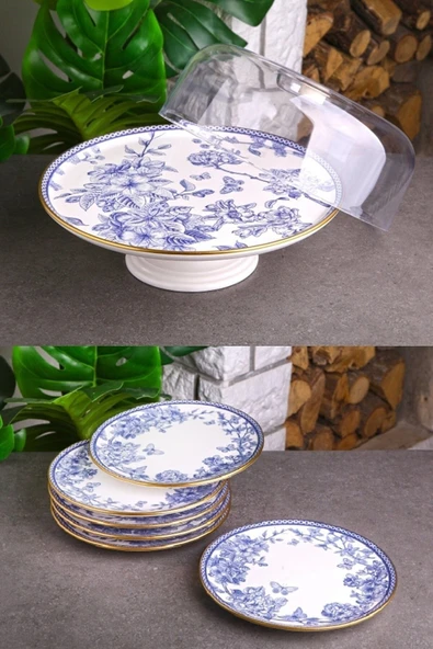 Pinkev Butterfly 7 Parça Fanuslu Seramik Pasta Servis Sunum Tabağı Seti - Kup120s ürün görseli 1
