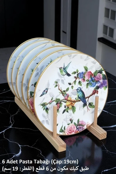 Pinkev 6 Kişilik Seramik Pasta Tatlı Tabağı Seti - Kuşlu Desen ürün görseli 1