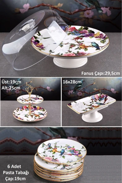 Pinkev Flora 9 Parça Seramik Pasta Servis Sunum Tabağı Seti ürün görseli 1