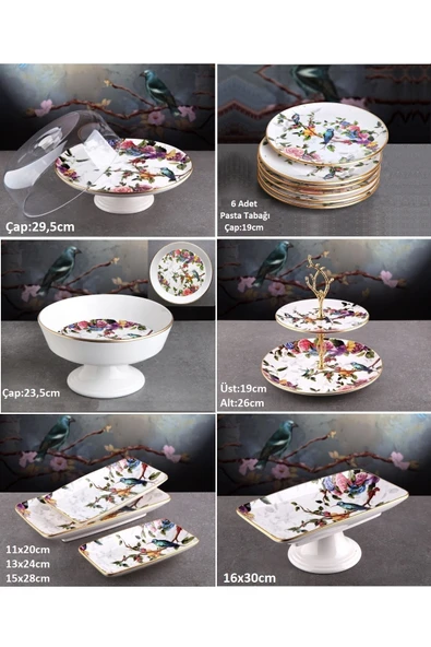 Pinkev Flora 14 Parça Seramik Meyvelikli Pasta Sunum Tabağı Kombin Set - Kup103f ürün görseli 1