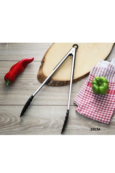 Pinkev Metal Saplı Silikon Uçlu Uzun Servis Kızartma Maşası Maşa 39cm ürün görseli 1
