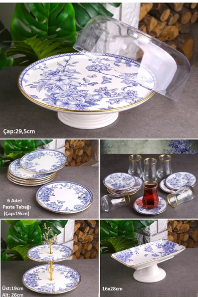 Pinkev Butterfly 22 Parça Çay Bardaklı Pasta Sunum Tabağı Seti ürün görseli 1