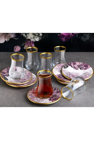 Pinkev Petunia 6 Kişilik Seramik Tabaklı Çay Bardağı Takımı Seti ürün görseli 1