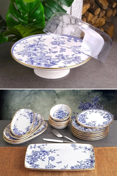 Pinkev Butterfly 16 Parça Fanuslu Seramik Pasta Sunum Tabağı Takımı Seti - Kup116s ürün görseli 1
