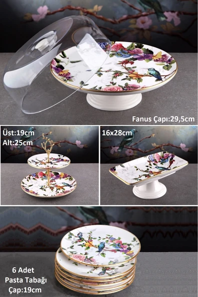 Pinkev Flora 9 Parça Fanuslu Seramik Pasta Sunum Tabağı Tabak Seti ürün görseli 1
