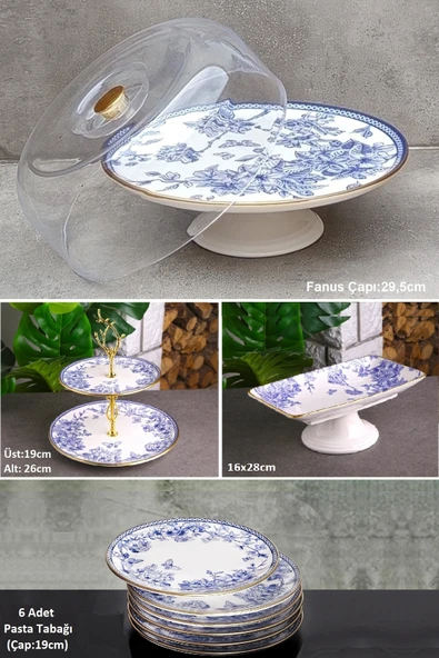 Pinkev Butterfly 9 Parça Fanuslu Seramik Pasta Servis Sunum Tabağı Seti ürün görseli 1