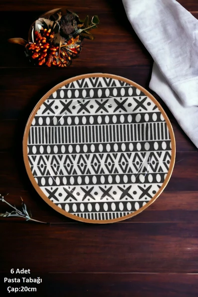 Pinkev Mona 6 Kişilik Siyah Desenli Porselen Pasta Tatlı Tabağı Seti - 20cm ürün görseli 1