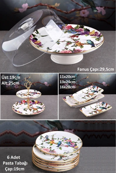 Pinkev Flora 11 Parça Fanuslu Seramik Pasta Sunum Tabağı Seti - KUP117F ürün görseli 1