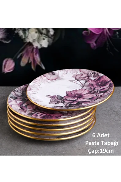 Pinkev Petunia 6 Kişilik 19cm Seramik Pasta Tatlı Sunum Tabağı Takımı Seti ürün görseli 1