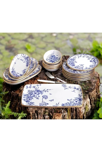 Pinkev Butterfly 15 Parça 6 Kişilik Seramik Kahvaltı Pasta Sunum Tabağı Takımı Seti ürün görseli 1