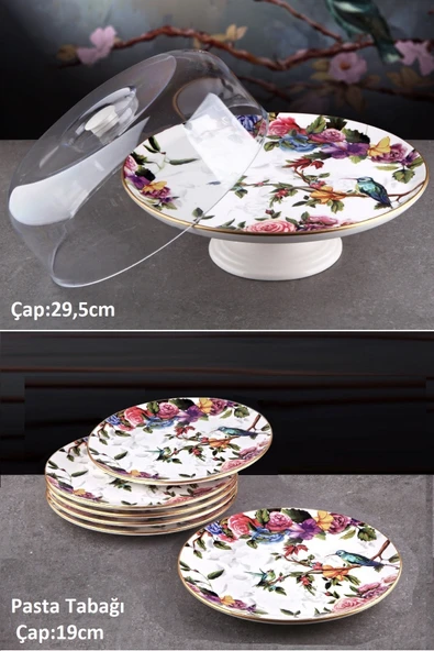 Pinkev Flora 7 Parça Fanuslu Pasta Kek Sunum Standı Tabağı Takımı Seti - Kup120f ürün görseli 1