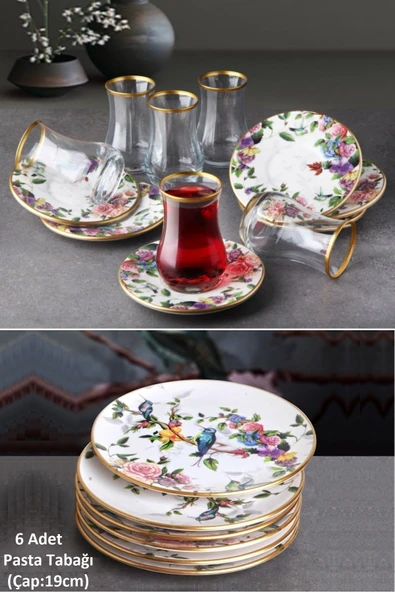 Pinkev Flora 18 Parça Çay Bardaklı Seramik Pasta Tabağı Seti - Kup119f ürün görseli 1