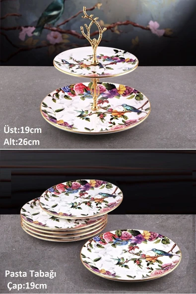 Pinkev Flora 7 Parça Seramik Pasta Tabağı Katlı Kurabiyelik Sunum Takımı Seti - Kup121f ürün görseli 1