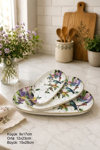Pinkev Flora 3 Boy Seramik Kayık Servis Sunum Tabağı Tabak Seti ürün görseli 1