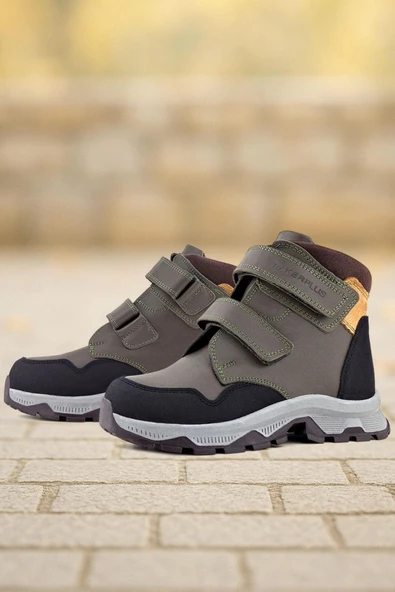 Rakerplus Trekking Hakiki Deri Haki Yeşil Sarı Cırt Cırtlı Erkek Çocuk Bot ürün görseli 1