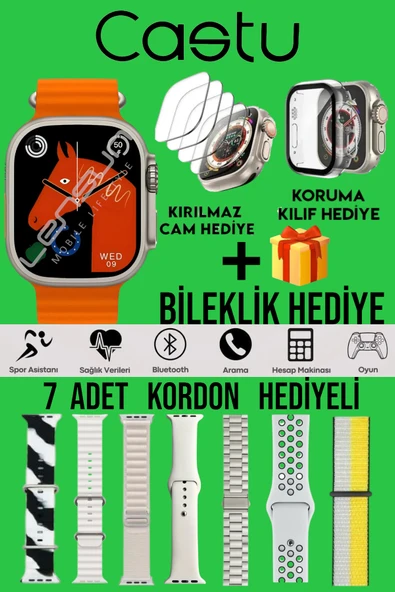 LENSUN 49mm Ultra Akıllı Saat +7 Kordon+ Kırılmaz Cam +Kılıf Ve Bileklik Hediyeli Oyunlu ve Türkçe Özel Set ürün görseli 1
