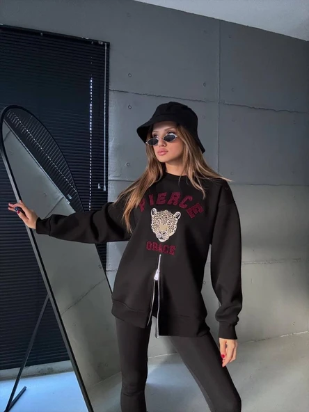 Fermuarlı Leopar Baskılı Oversize Siyah Sweat - Resim 3