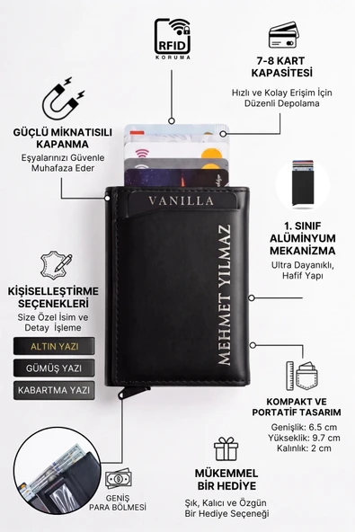 Mıknatıslı Mekanizmalı Cüzdan İsim Baskılı 8 Kart Kapasiteli Rfıd Blocking ürün görseli 1