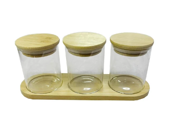 Bambu Standlı 3’lü Mini Baharatlık Seti – Vakum Kapaklı | Kavanoz 7x6 cm | Stand 22x7 cm ürün görseli 1